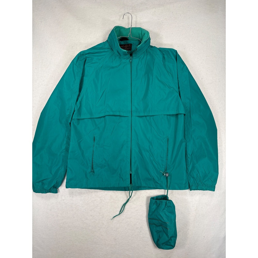 Vintage Eddie Bauer Mens L Teal Green Packable Nylon Windbreaker Vented W/ BAG